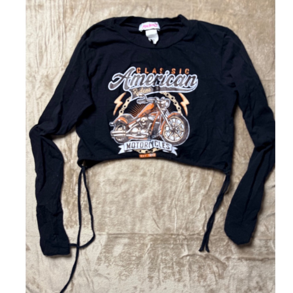 Y2K Madrag Womens Black Long Sleeve American Motorcycle Graphic Crop Top Small